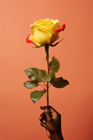 Elegant Hand Holding a Bi-Color Yellow Rose. Generative AIの素材