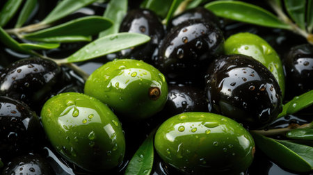 Exquisite detail shot of fresh green and black olives with water droplets and leaves. Generative AIの素材