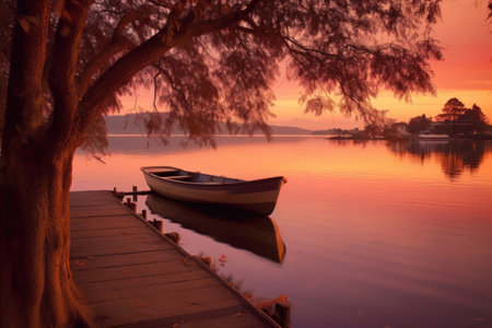 Tranquil sunset over lake with a single boat tied to wooden dock. Landscape. Generative AIの素材