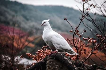 White pigeon among amazing mountains with a blurred background.. Generative AIの素材