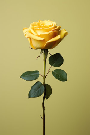 delicate yellow rose with green leaves presented against a soft yellow backdrop. Generative AIの素材