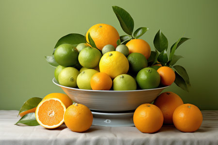 Large assortment of citrus fruits arranged on a white tablecloth. Generative AIの素材