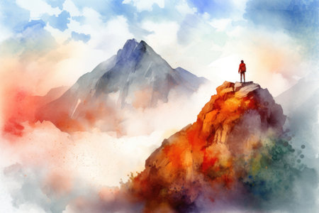 Person standing on a mountain peak greeting the morning sun. watercolor style. Generative AIの素材