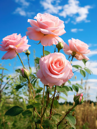Few delicate pink roses bloom against clear blue sky and green grass. Generative AIの素材