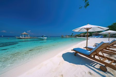Luxurious beach resort on a tropical island with crystal clear waters and white sandy beach.. Generative AIの素材