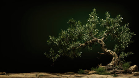 Majestic bonsai olive tree with a gnarled trunk and lush green leaves stands on green background. Generative AIの素材