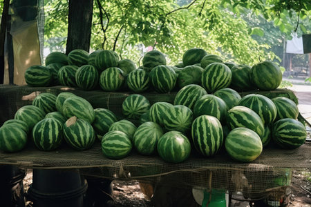 Ripe watermelons stacked for sale. Food conceptRipe watermelons stacked for sale. Generative AIの素材