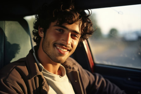 Charismatic young man with curly hair smiles seated in a car. Generative AIの素材