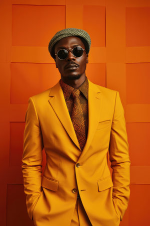 Chic man in orange suit and textured tie stands confidently against orange background. Generative AIの素材