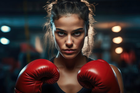 Determined female boxer with red gloves staring intently in a gym setting. Generative AIの素材