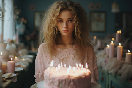 Pretty young woman holding a lit birthday cake in a vintage room.. Generative AIの素材