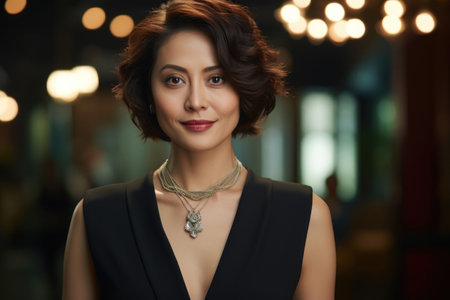 Professional pretty woman in a suit with short brown hair smiling confidently. Generative AIの素材