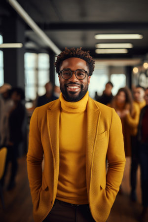 Black man with glasses smiling in mustard turtleneck and blazer. Generative AIの素材