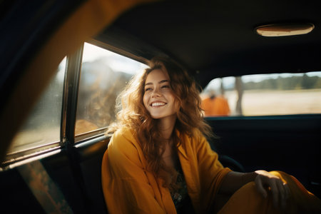 beautiful young woman with flowing hair smiling enjoys the sunlight during a carefree car ride. Generative AIの素材