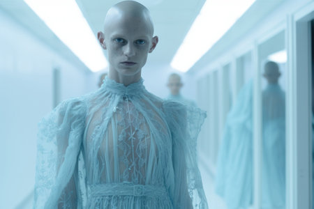 Bald person stands in soft blue hallway wearing intricate lace dress. Generative AIの素材