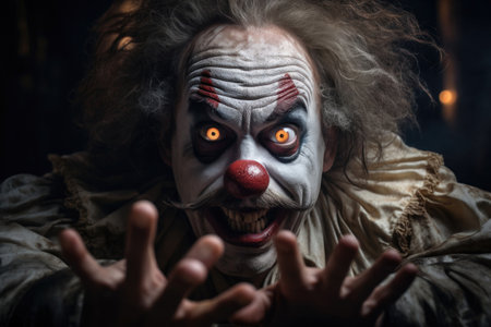 Horror clown with frightened expression intense makeup and eerie ambiance invoking fear and suspense.. Generative AIの素材