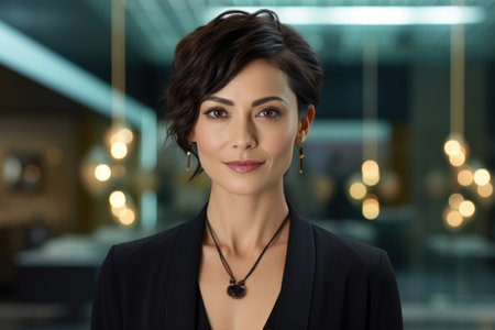 Professional pretty woman in suit with short brown hair smiling confidently. Generative AIの素材