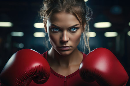 Female boxer with red gloves staring intently in a gym setting. Generative AIの素材