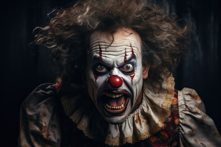 Horror clown with frightened expression intense makeup and eerie ambiance invoking fear and suspense.. Generative AIの素材