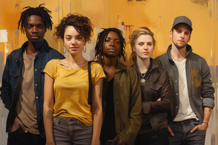 Diverse and stylish group of young adults standing together with a warm urban backdrop. Generative AIの素材