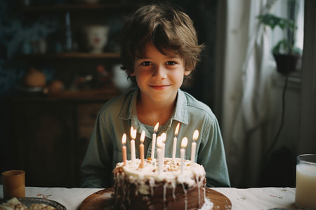 Cheerful young boy smiling at the camera. Ready to blow out the candles on his birthday cake. Generative AIの素材