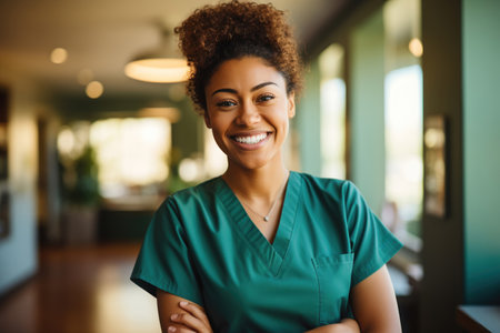 cheerful African American nurse with bright smile standing in hospital corridor. Generative AIの素材
