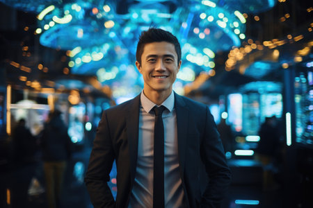well dressed modern Asian businessman smiling confidently in a lively casino setting. Generative AIの素材