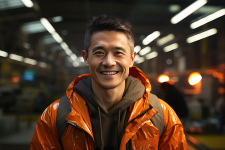 Asian man in bright orange work jacket with warm smile in industrial setting. Generative AIの素材