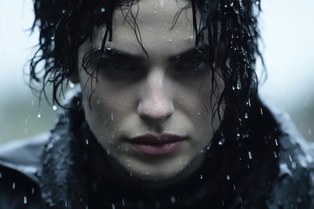 Young woman with wet hair and intense gaze in the rain. Generative AIの素材