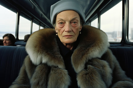 dignified elderly lady in a luxurious fur coat sits on a bus. Generative AIの素材