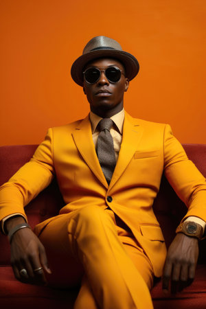 Fashion man in bright orange suit and hat sitting casually on a red couch. Generative AIの素材