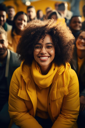 Joyful black woman with curly hair wearing yellow outfit. Generative AIの素材