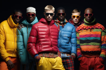Group of young men wearing colorful winter jackets and accessories. Showcasing street style.. Generative AIの素材