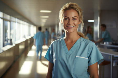 friendly blonde nurse smiling confidently in bright hospital setting with colleagues in the background. Generative AIの素材