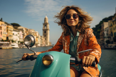 Fashionable woman with flowing hair riding scooter along picturesque coastal town. Generative AIの素材