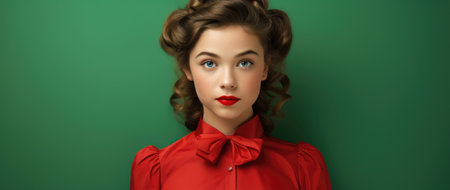 Retro portrait of a woman with red lips and curly hair against a green background. Generative AIの素材