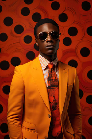 Confident man in vibrant orange suit posing with retro sunglasses against a patterned backdrop. Generative AIの素材