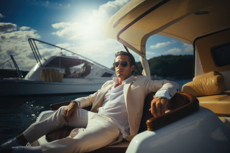 Man in a casual suit lounges on a yacht's leather seat. Luxury and relaxation concept. Generative AIの素材