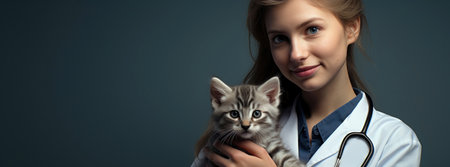 Young female veterinarian holding a small kitten against dark background with copy space. Generative AIの素材