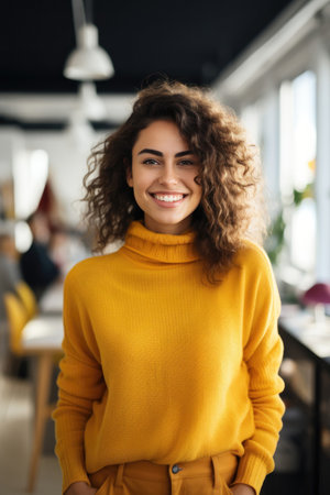 Joyful woman with curly hair in yellow turtleneck smiling indoors. Generative AIの素材