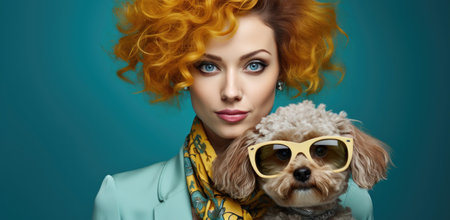 Stylish woman with vibrant curly hair holding sophisticated puppy in glasses on blue background. Generative AIの素材