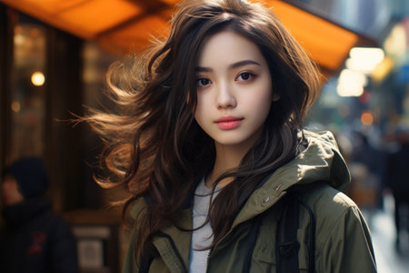 young and beautiful Asian woman with windswept hair walking on city street. Generative AIの素材