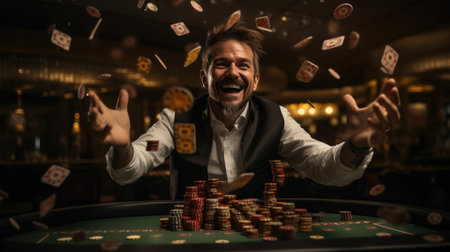Joyful man throwing cards and chips in the air after a big win at the casino. Generative AIの素材