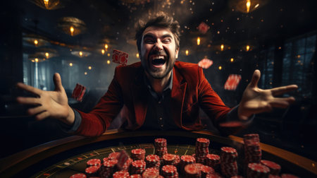 Joyful man throwing cards and chips in the air after a big win at the casino. Generative AIの素材