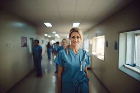 friendly blonde nurse smiling confidently in bright hospital setting with colleagues in the background. Generative AIの素材