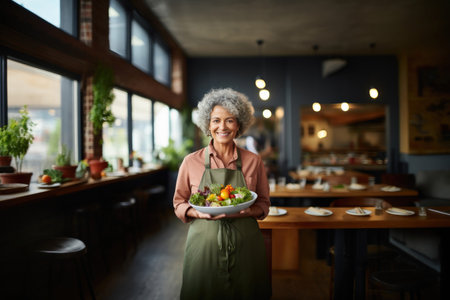 Smiling mature woman proudly presents a bowl of fresh vegetable salad in her cozy restaurant. Generative AIの素材