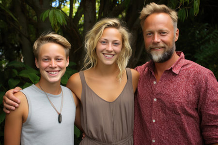 Father and his children smiling warmly in a natural leafy setting sharing a moment of joy. Generative AIの素材