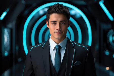 modern Asian businessman in stylish suit standing in futuristic corridor. Generative AIの素材