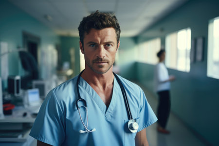 male nurse stands confidently in hospital hallway. Generative AIの素材