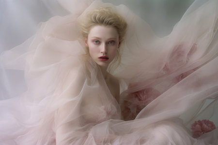 Ethereal woman with blonde hair enveloped in layers of soft tulle fabric. Generative AIの素材
